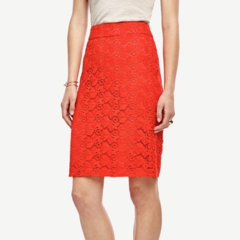 Ann Taylor Floral Lace Pencil Skirt Women's Size 8 Fiesta Orange